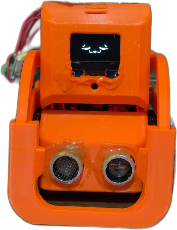 The robot on a workbench: 3D printed orange body, an OLED face showing two eyes, ultrasonic sensors below it, servo wiring running out the back.